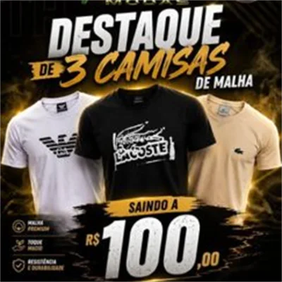 Publicação da TH MODAS com o destaque de três camisas de malha
